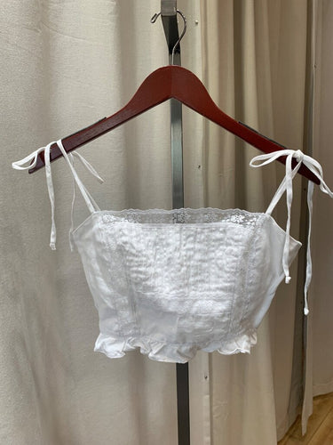 Reformation White Linen Lace-Trim Tie-Strap Crop Top sz 0
