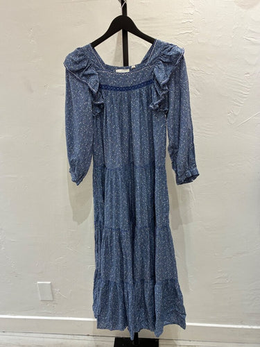 Dôen Blue Floral Ruffled Long-Sleeve Tiered Maxi Dress sz S