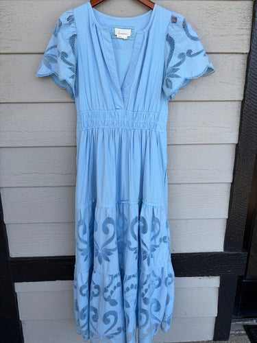 Anthropologie Light Blue Smocked Eyelet Tiered Maxi Dress sz M