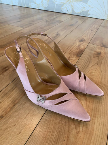 Valentino Garavani Pink Satin Rhinestone Bow Slingback Heels sz 39 1/2