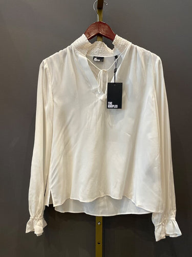 The Kooples White Smocked Mock Neck Long Sleeve Tie Blouse sz 1