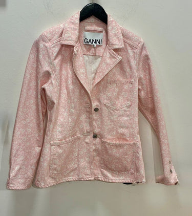 Ganni Pink Floral Printed Denim Blazer Jacket sz 34
