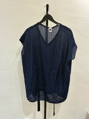 M Missoni Metallic Blue Knit V-Neck Short Sleeve Top sz M