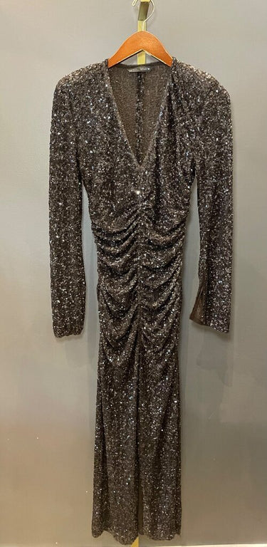 Zara Brown Sequin Ruched Long Sleeve Maxi Dress sz S