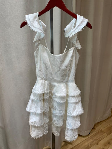 V. Chapman White Floral Jacquard Tiered Ruffle Mini Dress sz 2