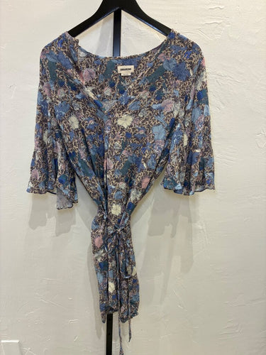 Zadig & Voltaire Blue Floral Flutter Sleeve Tie-Waist Short Dress sz M