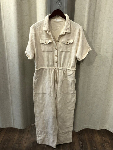 Little Lies Cream Button-Front Short-Sleeve Jumpsuit sz L