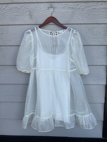 Wilfred White Sheer Organza Puff Sleeve Babydoll Mini Dress sz S