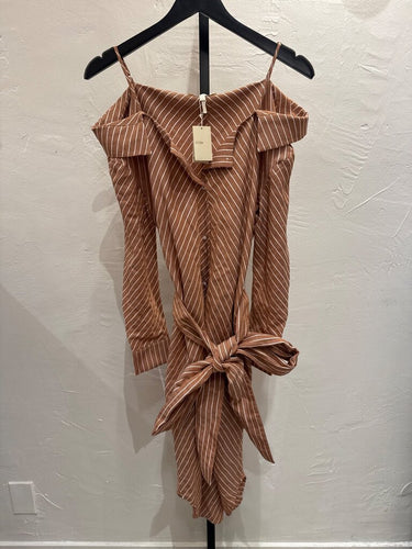 Maje Brown Striped Off-the-Shoulder Long Sleeve Midi Dress sz 1