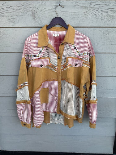 POL Patchwork Crochet & Stripe Denim Jacket sz L