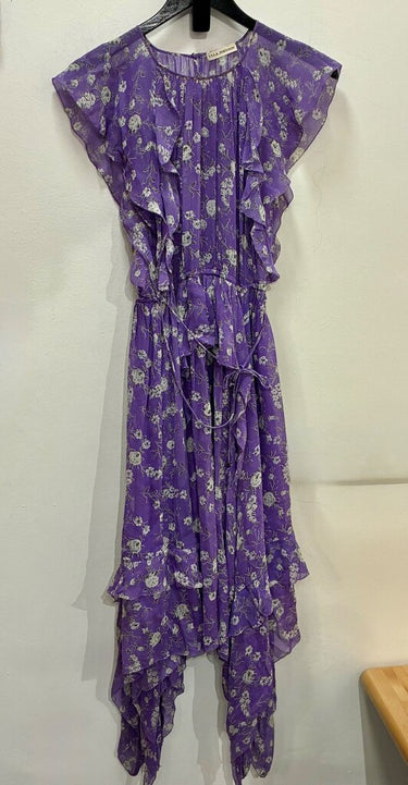 Ulla Johnson Purple Floral Silk Flutter Sleeve Midi Dress sz 4