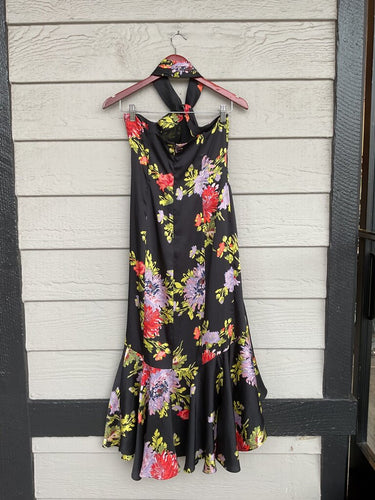 Cinq à Sept Black Floral Halter Midi Dress sz 2
