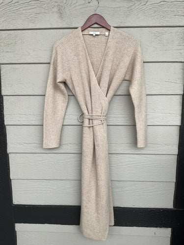 Vince Ribbed Knit Long-Sleeve Wrap Midi Dress in Oatmeal sz S