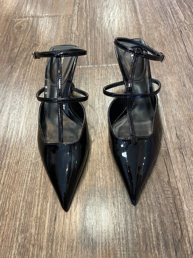 Zara Black Patent Pointed-Toe Strappy Kitten Heel Pumps sz 36