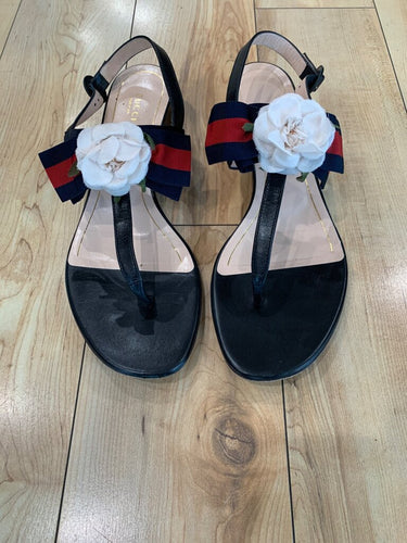 Gucci Sylvie Web Floral Applique Thong Slingback Sandals sz 41½