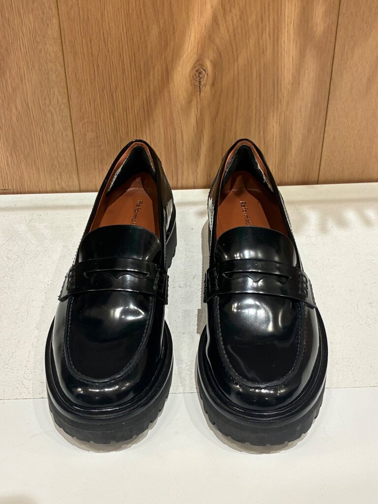 Reformation Black Leather Agathea Chunky Lug Sole Penny Loafers sz 7