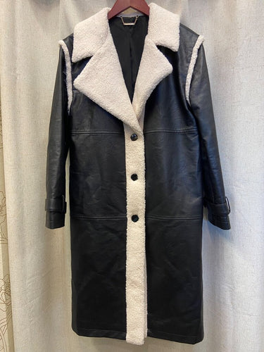 Elie Tahari Black Faux Shearling Trimmed Long Coat - Size S