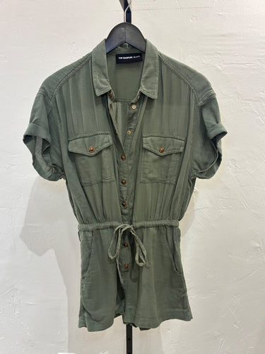 The Kooples Olive Green Button-Front Short Sleeve Romper