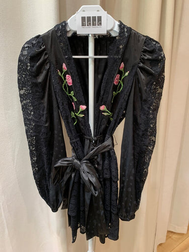 For Love & Lemons Black Lace Embroidered Long Sleeve Mini Dress sz XS
