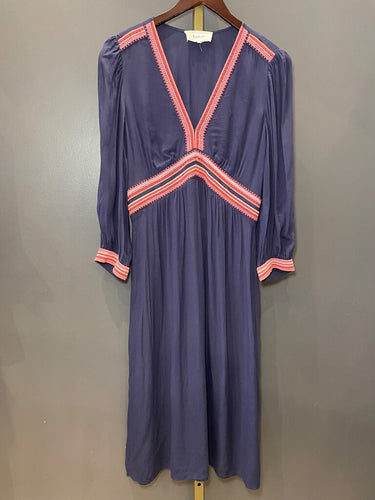 ba&sh Navy Blue Embroidered Long Sleeve Midi Dress sz 2