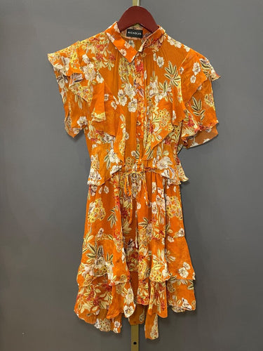 Nicholas Orange Floral Ruffle Short Sleeve Mini Dress sz 2