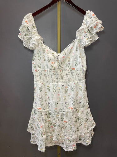 Alice + Olivia Floral Eyelet Ruffle Tiered Mini Dress sz 8