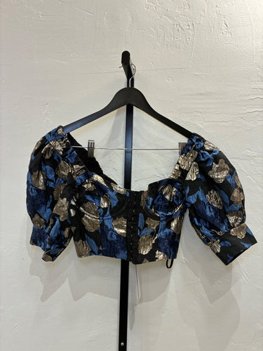 For Love & Lemons Metallic Jacquard Puff Sleeve Crop Top sz M