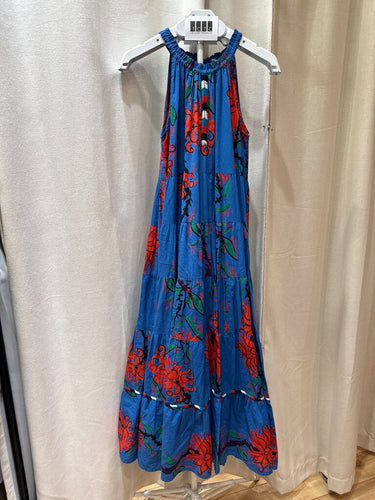 Ros Garden Blue Floral Tiered Maxi Dress sz S