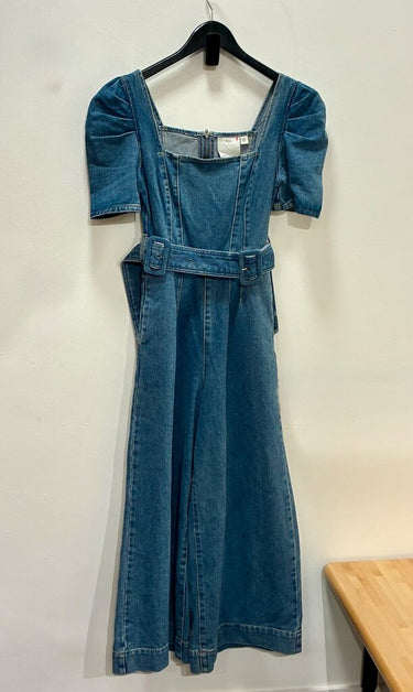 C/MEO COLLECTIVE Blue Denim Puff Sleeve Belted Jumpsuit Size XS sz XS