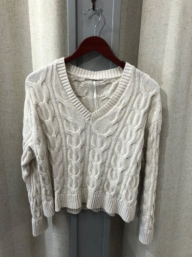 Free People Cable-Knit V-Neck Pullover Sweater sz S