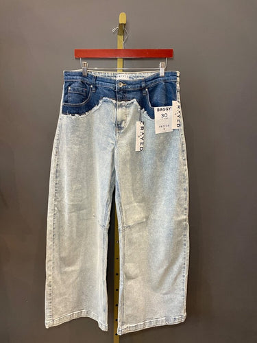Frayed Baggy Low Slung Two-Tone Jeans sz 30