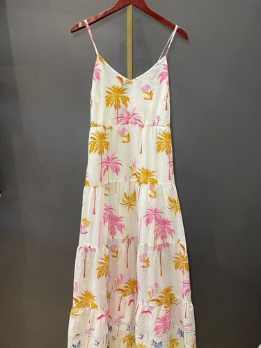 Self Contrast Palm Tree Print Tiered Maxi Dress sz XS