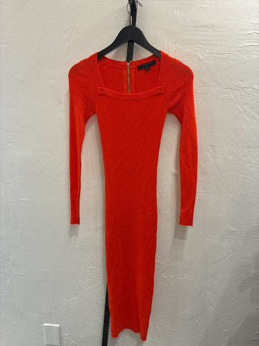 AllSaints Orange-Red Ribbed Long Sleeve Midi Knit Dress sz Small