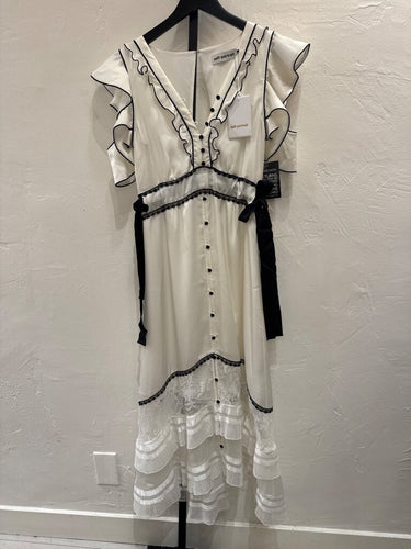 Self-Portrait White Ruffle-Sleeve Lace-Trim Dress sz UK 8 / US 4