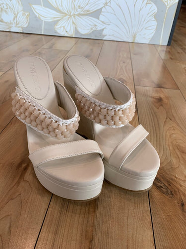 Jimmy Choo Off-White Beaded Strap Platform Wedge Mules sz 37