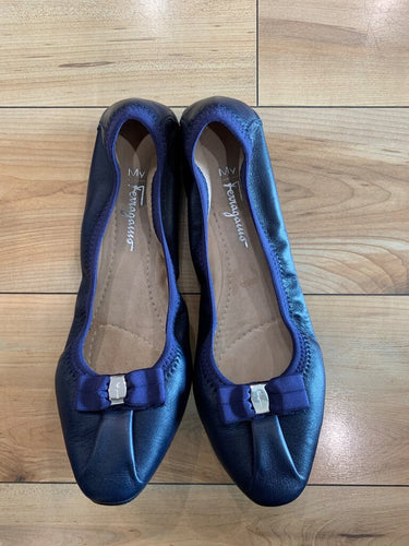 Salvatore Ferragamo 'My Ferragamo' Navy Leather Ballet Flats sz 7.5