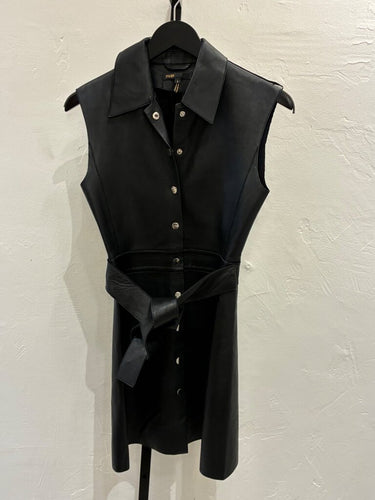 Maje Black Leather Sleeveless Belted Mini Shirt Dress Size 1
