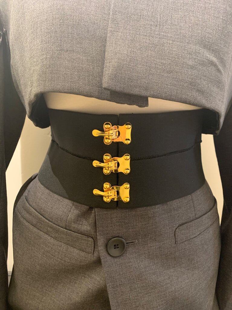 Prada Black Elastic Corset Belt with Gold Clasp Closures sz M