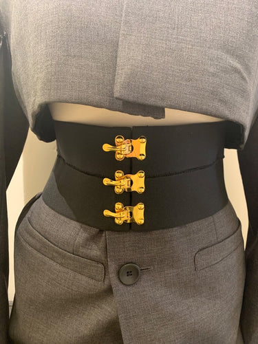 Prada Black Elastic Corset Belt with Gold Clasp Closures sz M