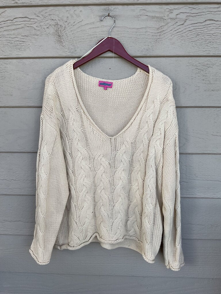 Edikted Cream Cable Knit V-Neck Pullover Sweater sz L