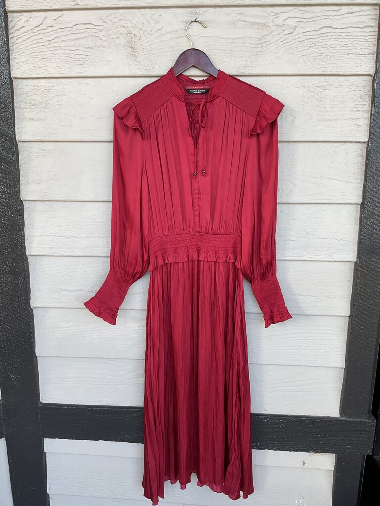 Scotch & Soda Red Pleated Smocked Long-Sleeve Midi Dress sz S