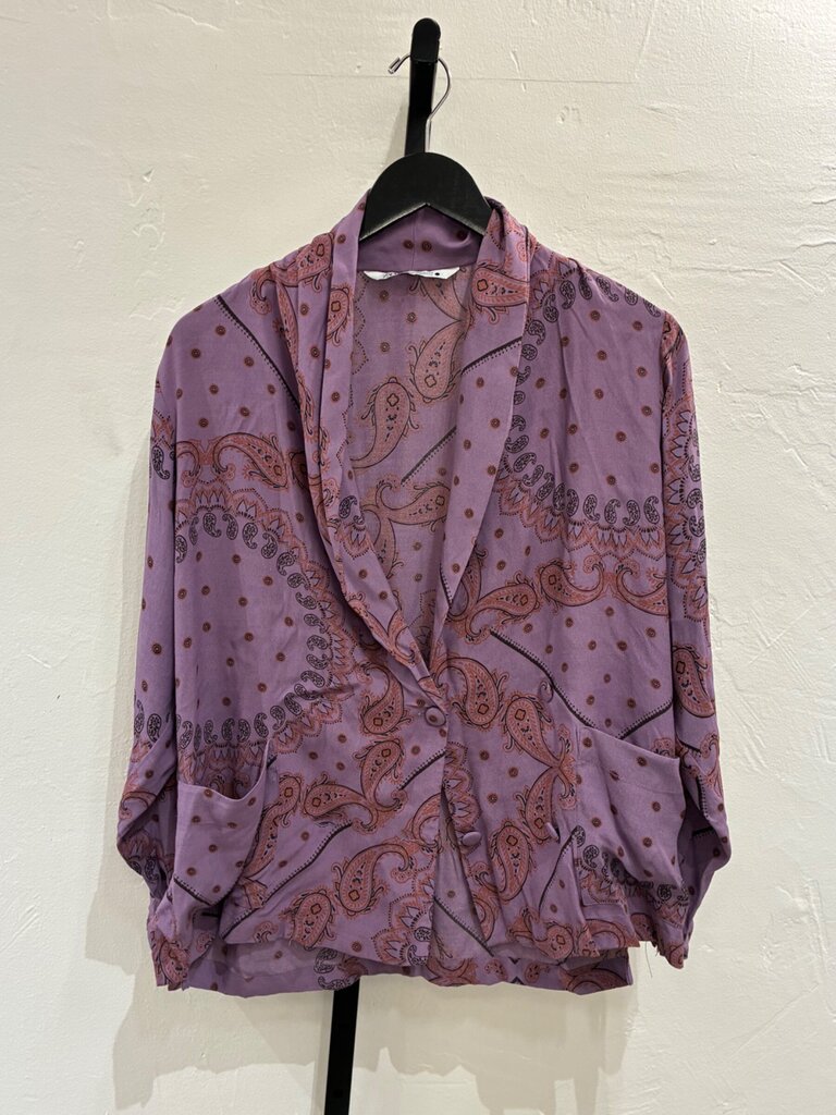Zara Purple Paisley Print Shawl Collar Blouse sz XS