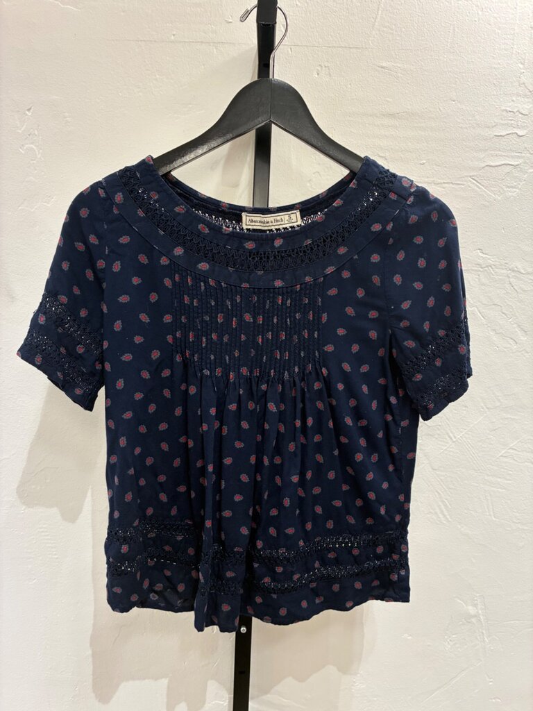 Abercrombie & Fitch Navy Pintuck Lace Inset Short Sleeve Top sz S