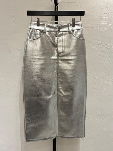 7 For All Mankind Metallic Silver Coated Midi Skirt sz XS