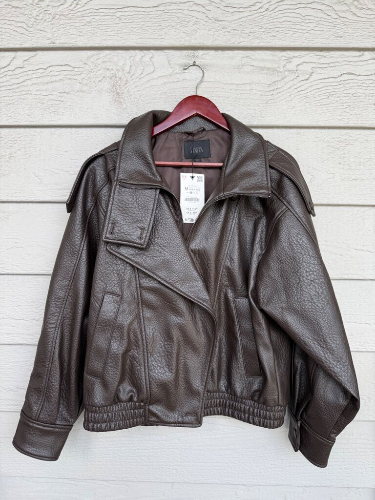 Zara Brown Faux Leather Bomber Jacket sz M