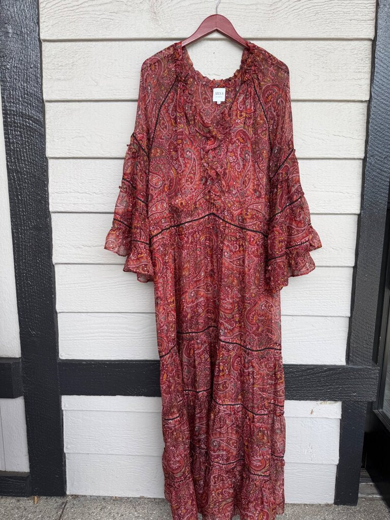 Misa Los Angeles Red Paisley Tiered Maxi Dress sz L