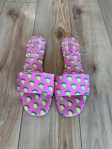 Larroudé Pink Lemon Print Slide Flat Sandals sz 7.5