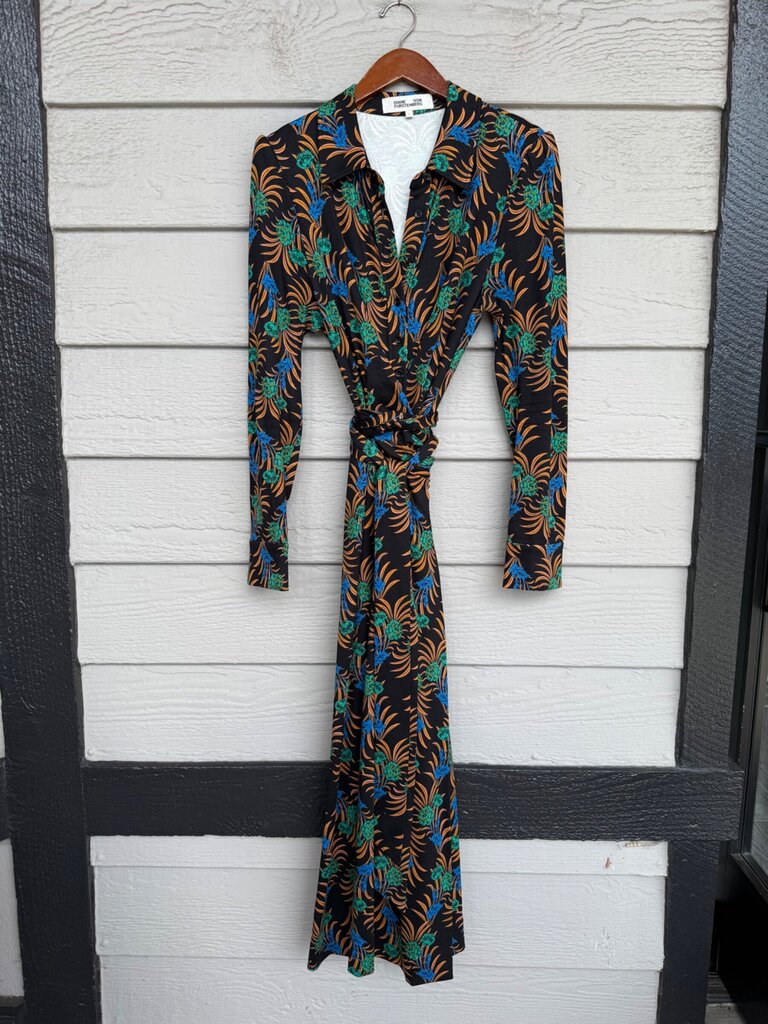 Diane von Furstenberg Printed Long-Sleeve Tie-Waist Maxi Dress sz L
