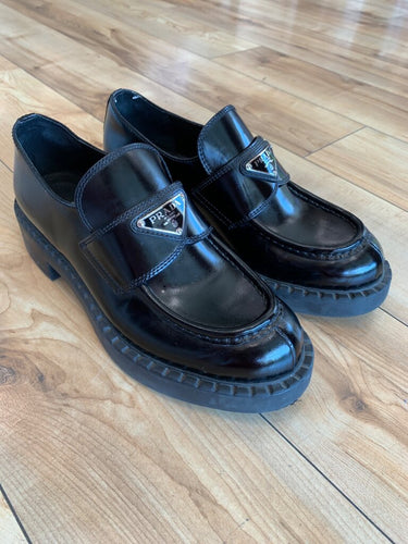 Prada Chocolate Brushed Leather Triangle Logo Loafers sz 37