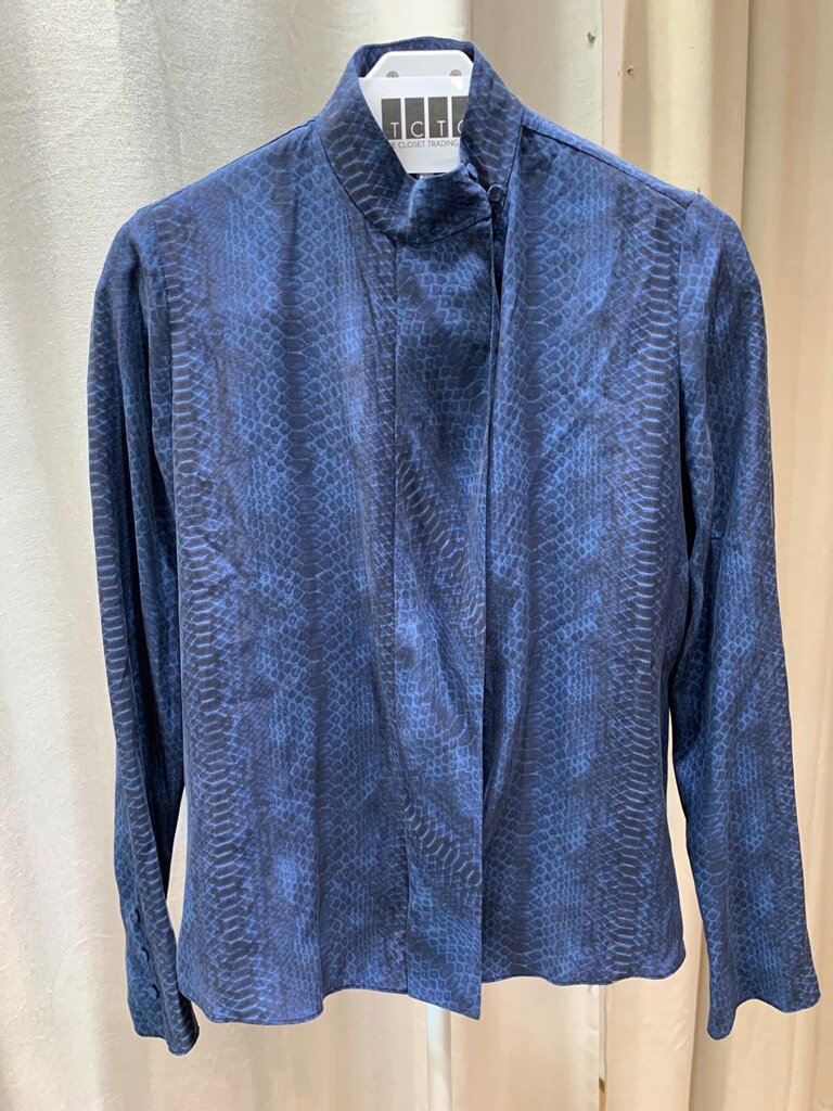 FRAME Silk Blue Snakeskin High-Neck Long Sleeve Blouse sz XS